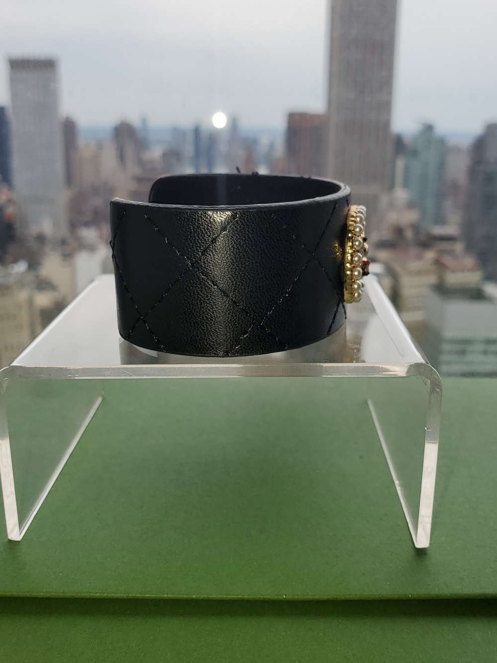 Black Quilted Leather Cuff Bracelet with Gold Pearl Bee Emblem - Picture 4 of 5